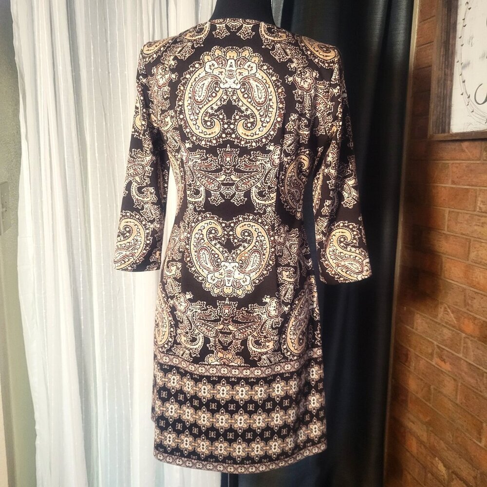 WISP Women's 70s Retro Style Deep Brown/Cream Designed Dress - Size 4 - Picture 4 of 11